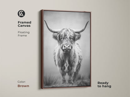 Brown framed canvas displays a striking Highland cow. This monochrome bull print brings farmhouse elegance. Ready to hang wildlife wall decor complements rustic and country themes beautifully.
