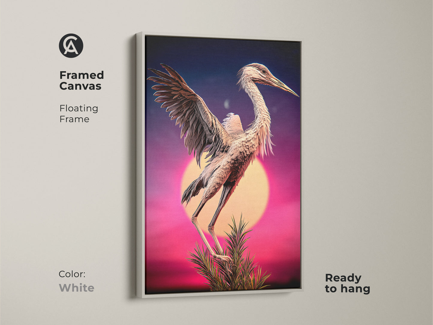 A framed canvas displays surreal heron artwork. A white floating frame highlights the purple dark blue and pink art. This eclectic wall art is perfect for a bedroom or living room. It serves as unique home decor and a creative studio artwork. Gift this sunset gradient canvas.