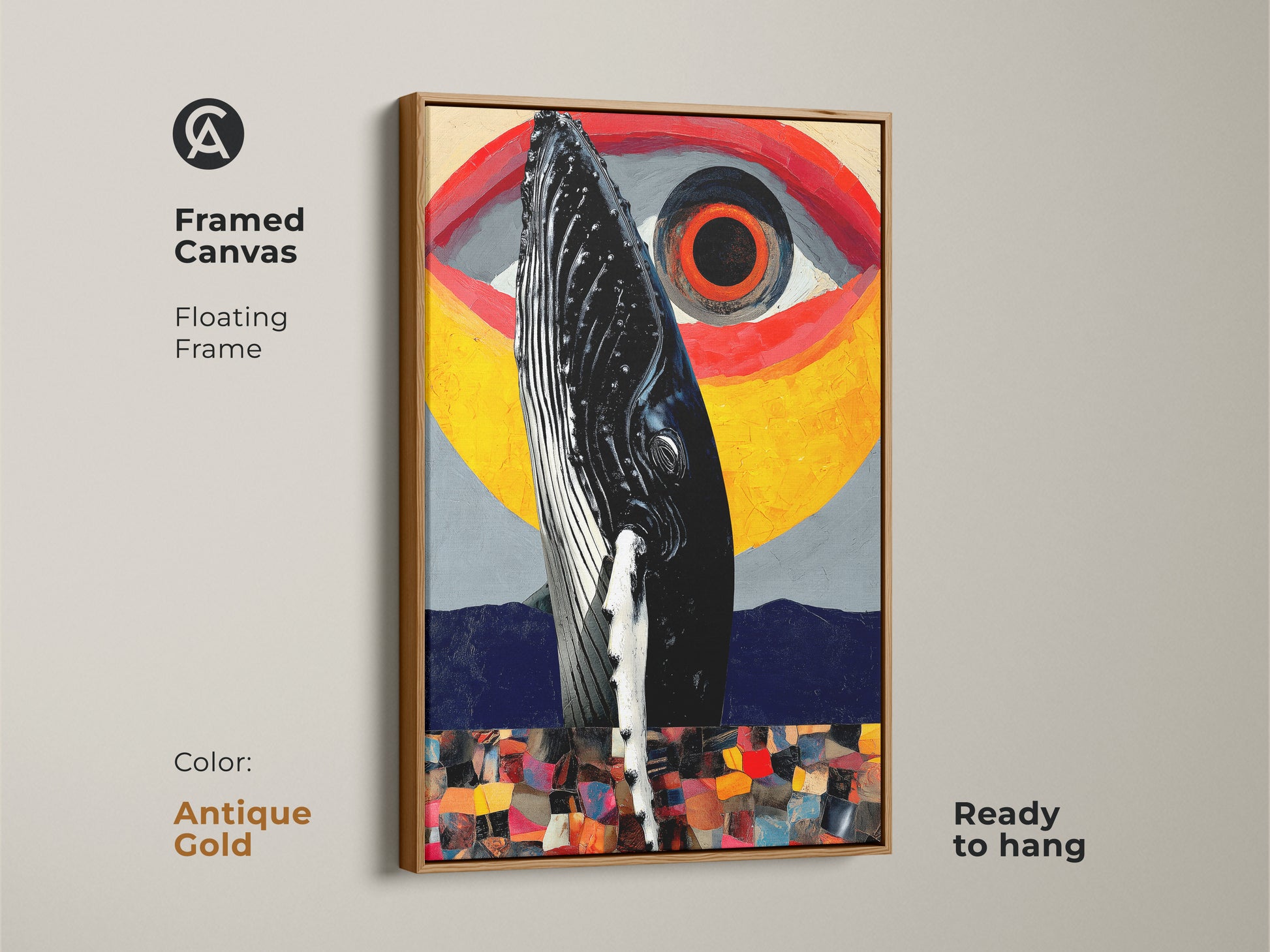 Framed canvas showcasing a surreal whale eye art piece. The antique gold floating frame accentuates this abstract ocean art. This collage wall art combines yellow red and gray tones adding eclectic art to your office or living room. Ready to hang this marine life inspired art stands out.