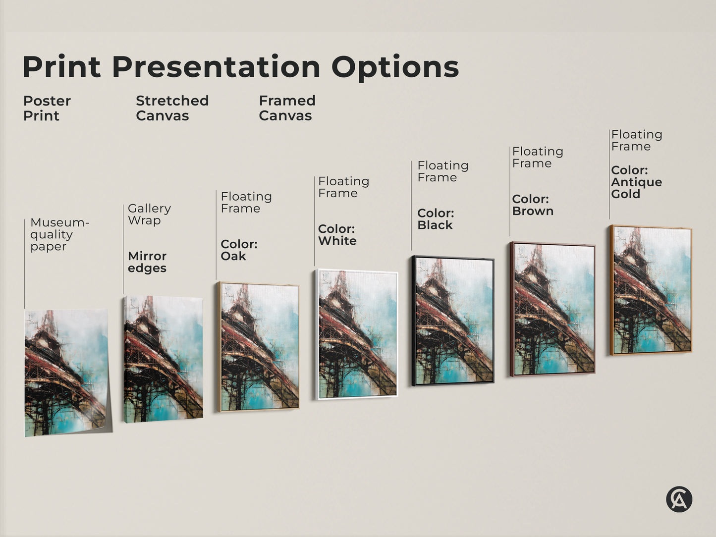 Explore print presentation options for abstract construction artwork. Choose from poster prints stretched canvases and framed canvases. Available with floating frames in black brown antique gold oak and white.