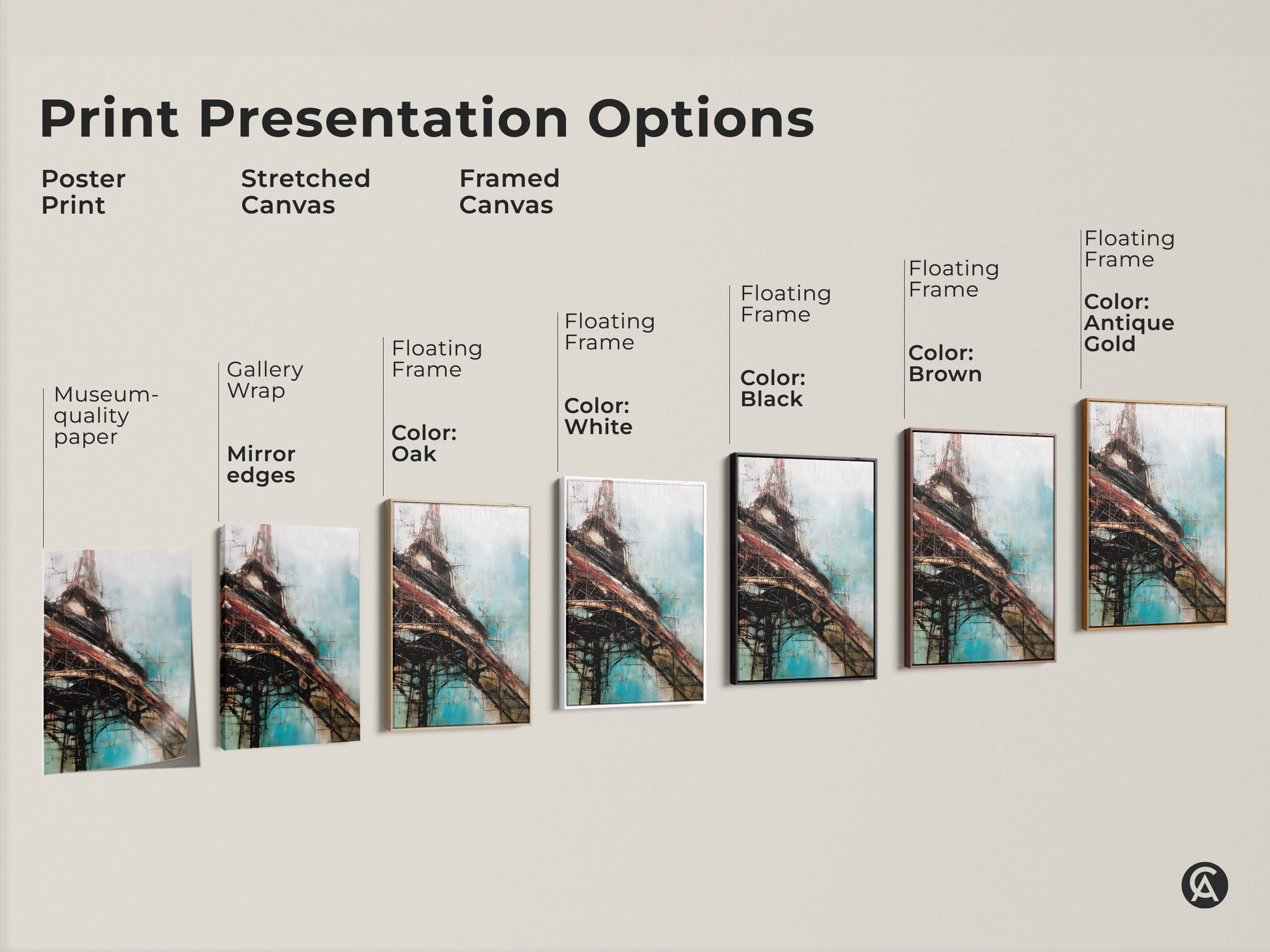 Explore print presentation options for abstract construction artwork. Choose from poster prints stretched canvases and framed canvases. Available with floating frames in black brown antique gold oak and white.