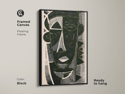 Framed canvas showcasing dark green abstract face painting art with a floating black frame. This contemporary abstract canvas is ready to hang. Perfect office wall decor art for art enthusiasts.