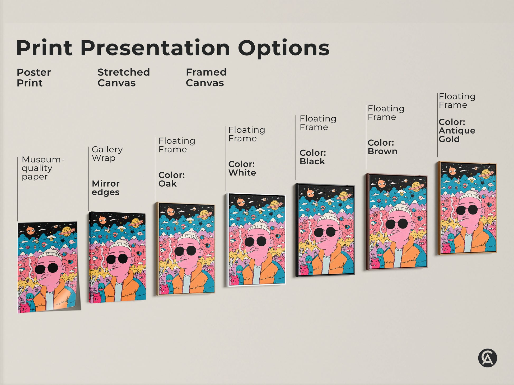 Print presentation options for a surreal artwork. Choose from poster prints stretched canvas or framed canvas. Frame colors include black brown oak white and antique gold. Find the perfect format for this unique and colorful art print. Shop Now