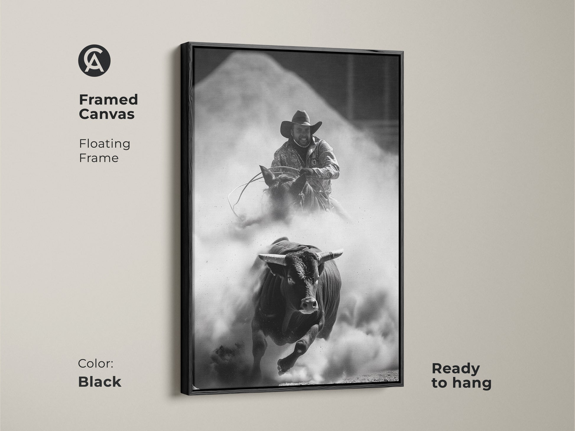 Framed Canvas of a Monochrome Rodeo scene in a black floating frame. This Western wall art features a bull rider and charging bull. The rustic cowboy decor is ready to hang. Perfect for a man cave or office. This adrenaline art print captures the spirit of the rodeo.
