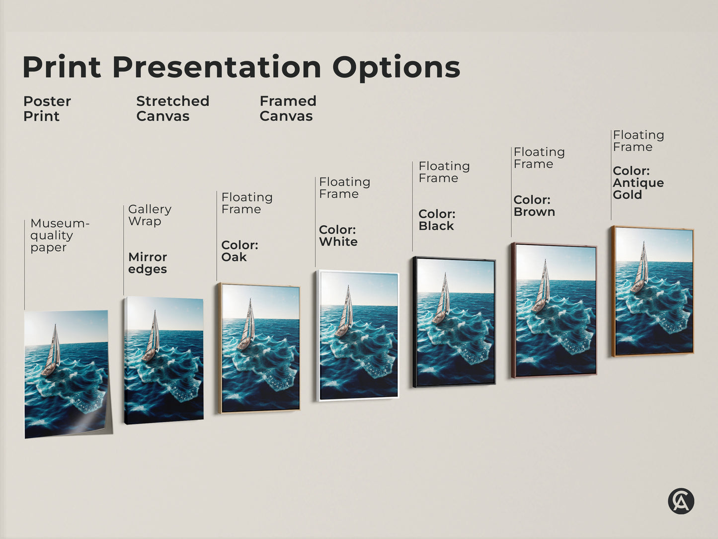 Print presentation options include poster stretched and framed canvas. Choose your style with gallery wrap mirror edges and floating frames. Available in white black brown and antique gold. The artwork showcases a sailboat on deep blue ocean waves. Enhance your nautical decor.