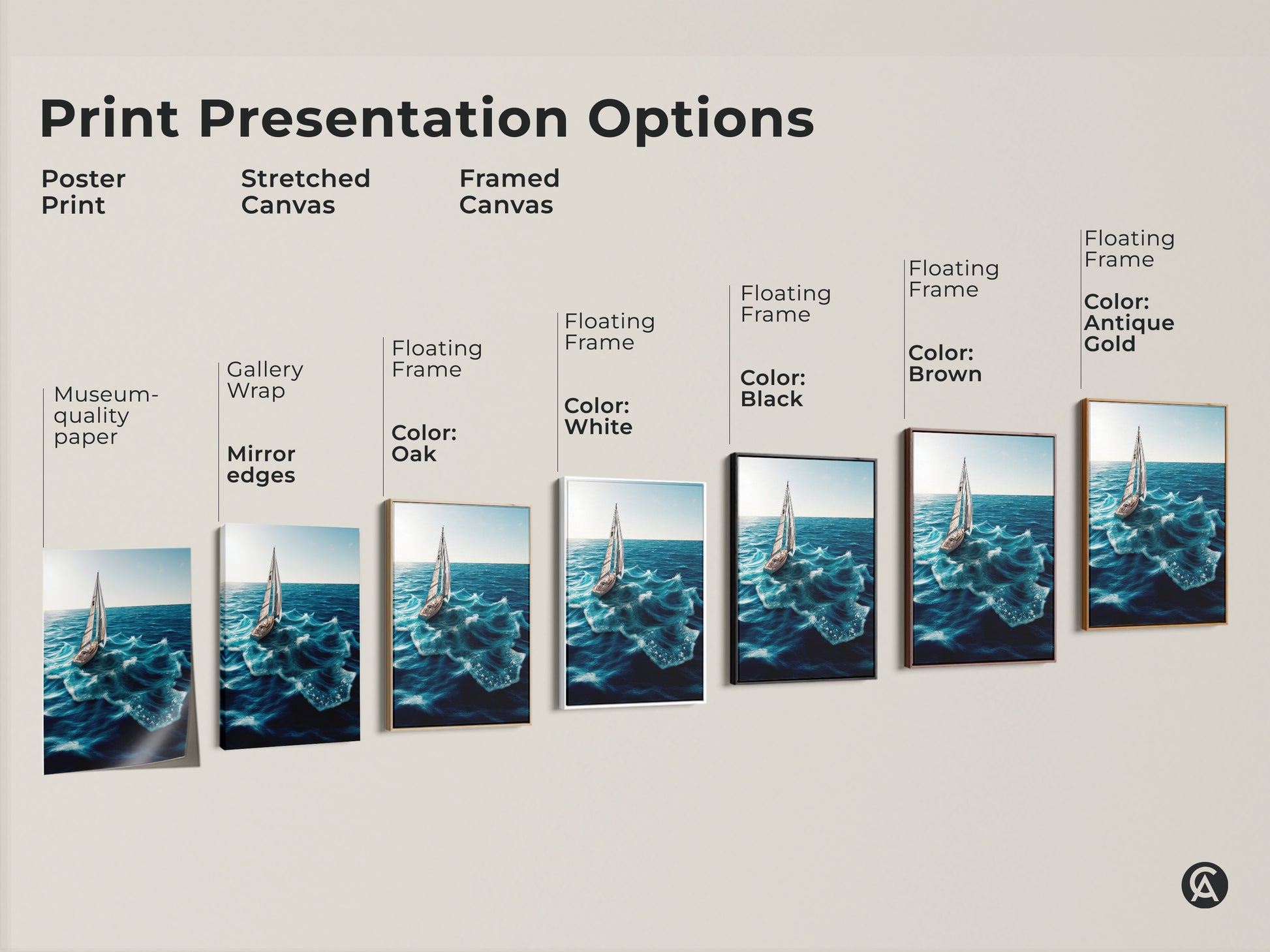 Print presentation options include poster stretched and framed canvas. Choose your style with gallery wrap mirror edges and floating frames. Available in white black brown and antique gold. The artwork showcases a sailboat on deep blue ocean waves. Enhance your nautical decor.