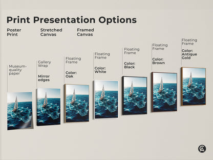 Print presentation options include poster stretched and framed canvas. Choose your style with gallery wrap mirror edges and floating frames. Available in white black brown and antique gold. The artwork showcases a sailboat on deep blue ocean waves. Enhance your nautical decor.