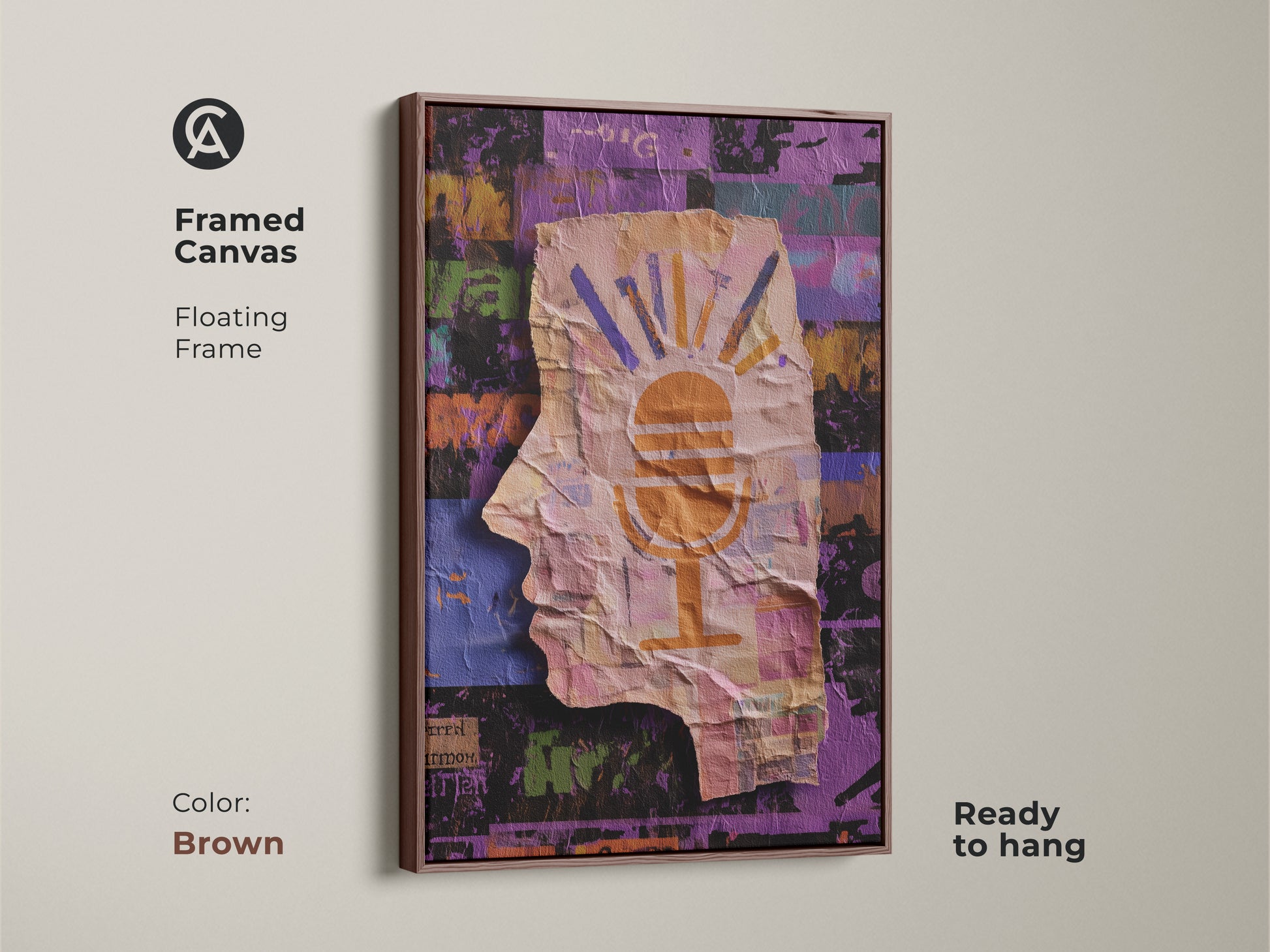 Framed canvas showcasing an abstract collage art piece. Brown floating frame adds a touch of warmth. Ready to hang. The head silhouette with a microphone motif is perfect for eclectic studio decor. The artwork features orange yellow and purple colors.