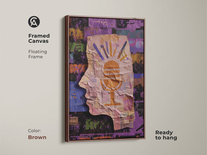 Framed canvas showcasing an abstract collage art piece. Brown floating frame adds a touch of warmth. Ready to hang. The head silhouette with a microphone motif is perfect for eclectic studio decor. The artwork features orange yellow and purple colors.