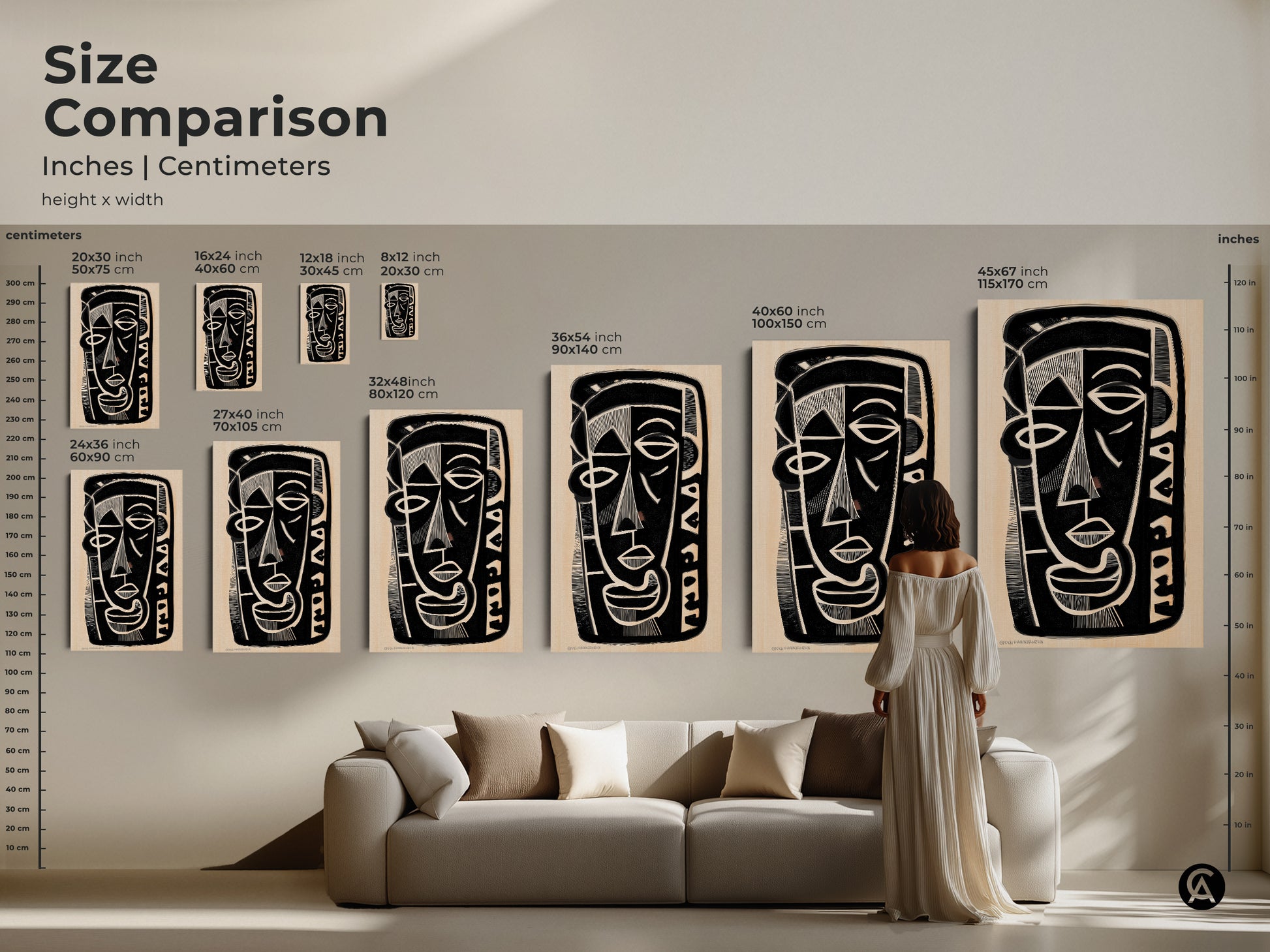 Size comparison of the abstract face artwork in inches and centimeters. Visualize how different sizes fit above a sofa. Perfect for choosing the right dimensions for your eclectic entryway decor and contemporary home accent.