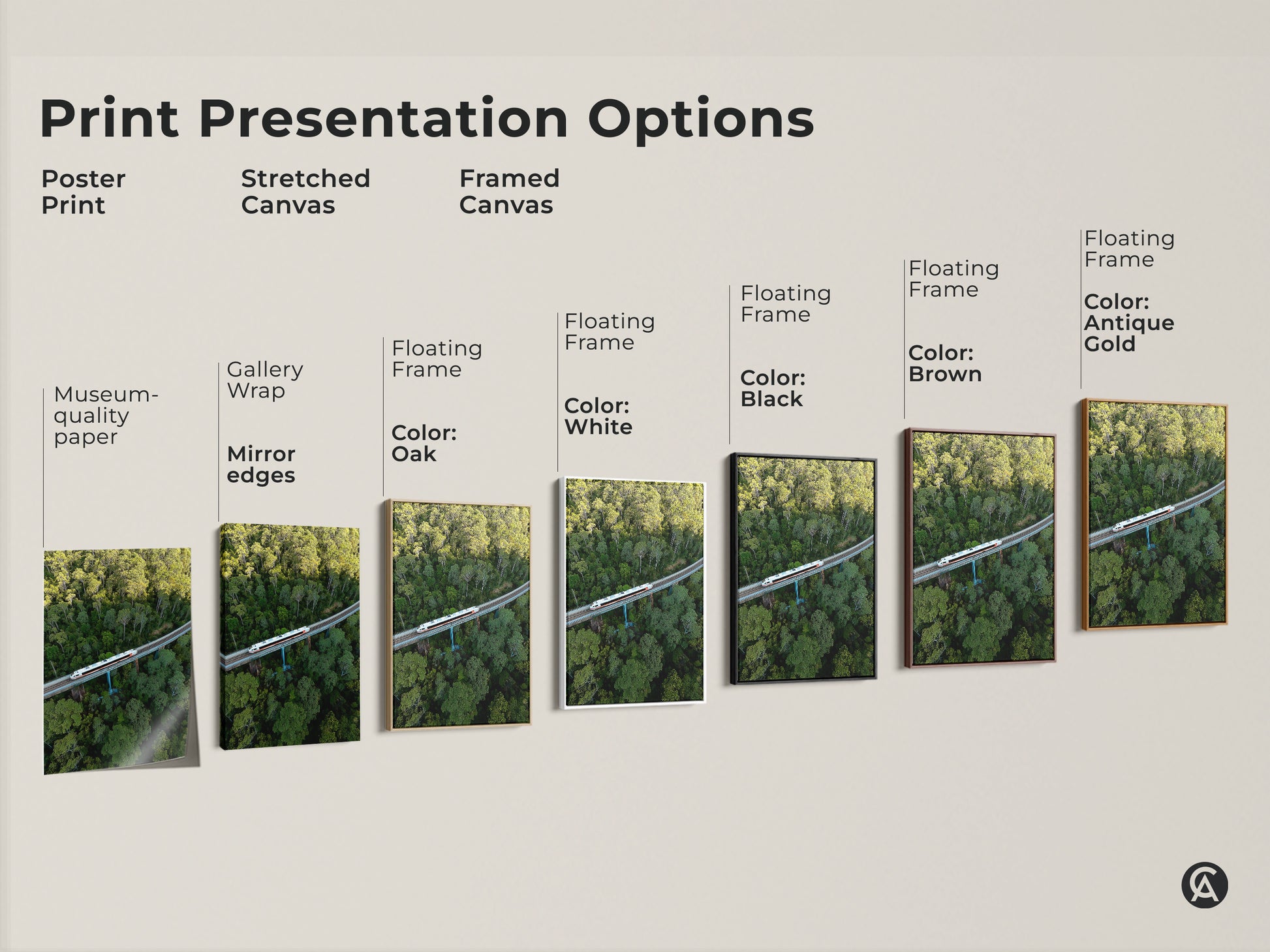 Explore print presentation options for aerial train canvas art. Choose from poster prints stretched canvas and framed canvas. Museum-quality edges gallery wrap and floating frames available. Colors include oak white black brown and antique gold. Find the perfect style for your modern artwork.