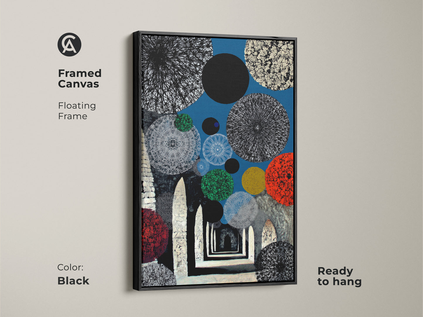 This abstract geometric wall art is framed and ready to hang. The contemporary archway art features blue red circles on canvas. The surrealism artwork canvas brings eclectic home decor to any space. The black floating frame enhances the artwork. Its perfect as office wall art.