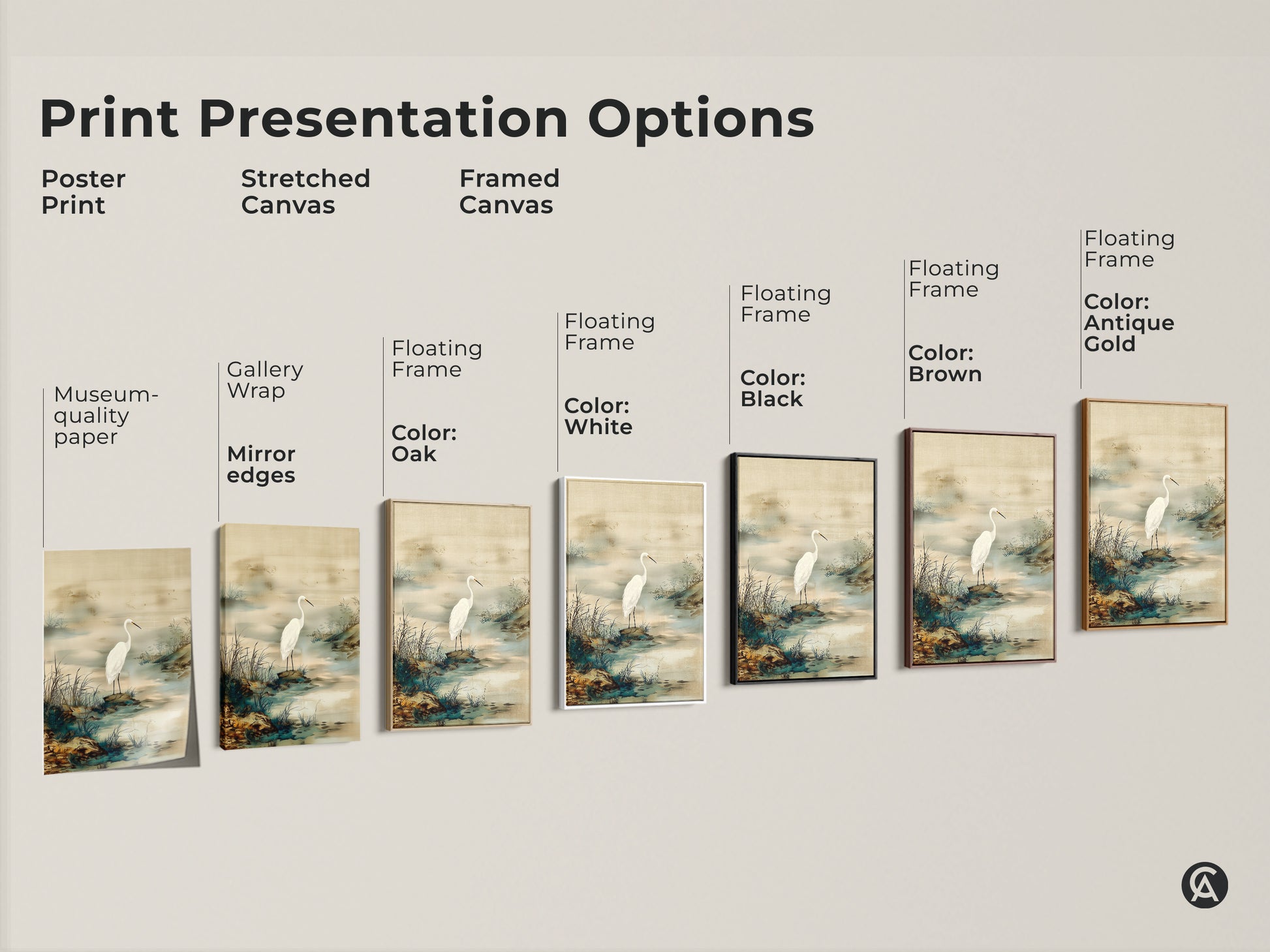 Print presentation options showcasing an Egret bird landscape. Japandi style wall art for minimalist homes. Options include poster stretched and framed canvases. Choose the perfect elegant bird art.