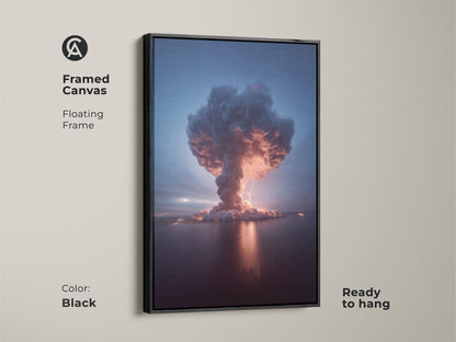 Framed canvas art of a Volcano Explosion and Thunderstorm surreal artwork. This office decor features a black floating frame ready to hang. Deep blue crimson and orange blend in this dramatic weather artwork perfect as a unique gift for explorers.