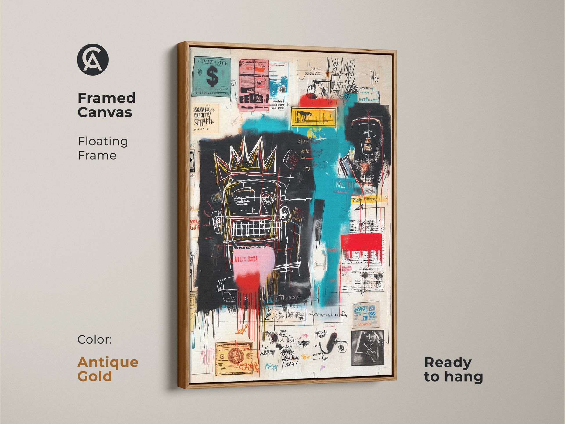 Framed canvas featuring Basquiat's famous artwork. Antique gold floating frame adds a touch of elegance. This ready-to-hang canvas print is perfect for any art lover. Shop now and bring a piece of art history into your home.