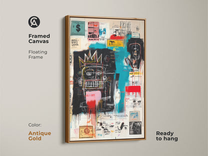 Framed canvas featuring Basquiat's famous artwork. Antique gold floating frame adds a touch of elegance. This ready-to-hang canvas print is perfect for any art lover. Shop now and bring a piece of art history into your home.