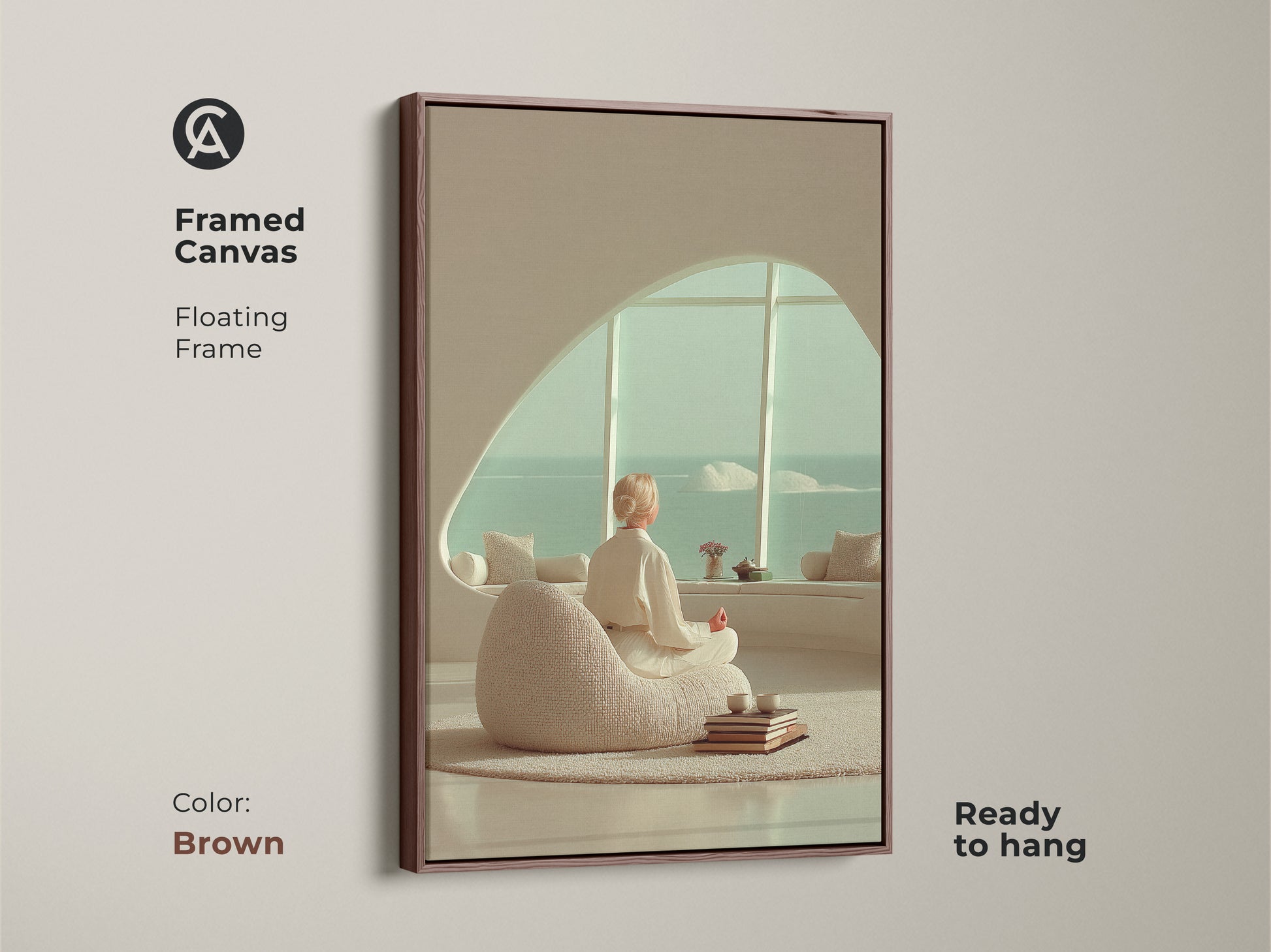Brown framed canvas of minimalist woman meditating with ocean view. The zen yoga wall art canvas is ready to hang. Perfect housewarming gift for yogis who love meditation.