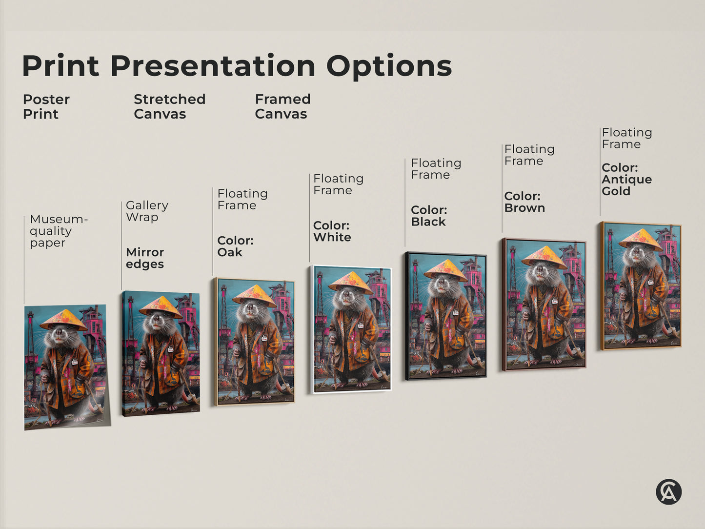 Print presentation options showcase various formats including poster prints stretched canvas and framed canvas options. The surreal rat king art is displayed in multiple frame colors and sizes for your unique space.