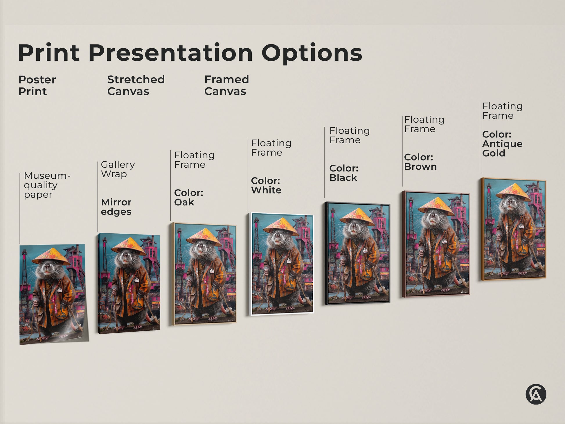 Print presentation options showcase various formats including poster prints stretched canvas and framed canvas options. The surreal rat king art is displayed in multiple frame colors and sizes for your unique space.