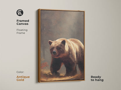 Framed canvas of a realistic bear artwork. Antique gold floating frame adds elegance. This fine art wildlife canvas is ready to hang. Perfect for lodge style wall art.