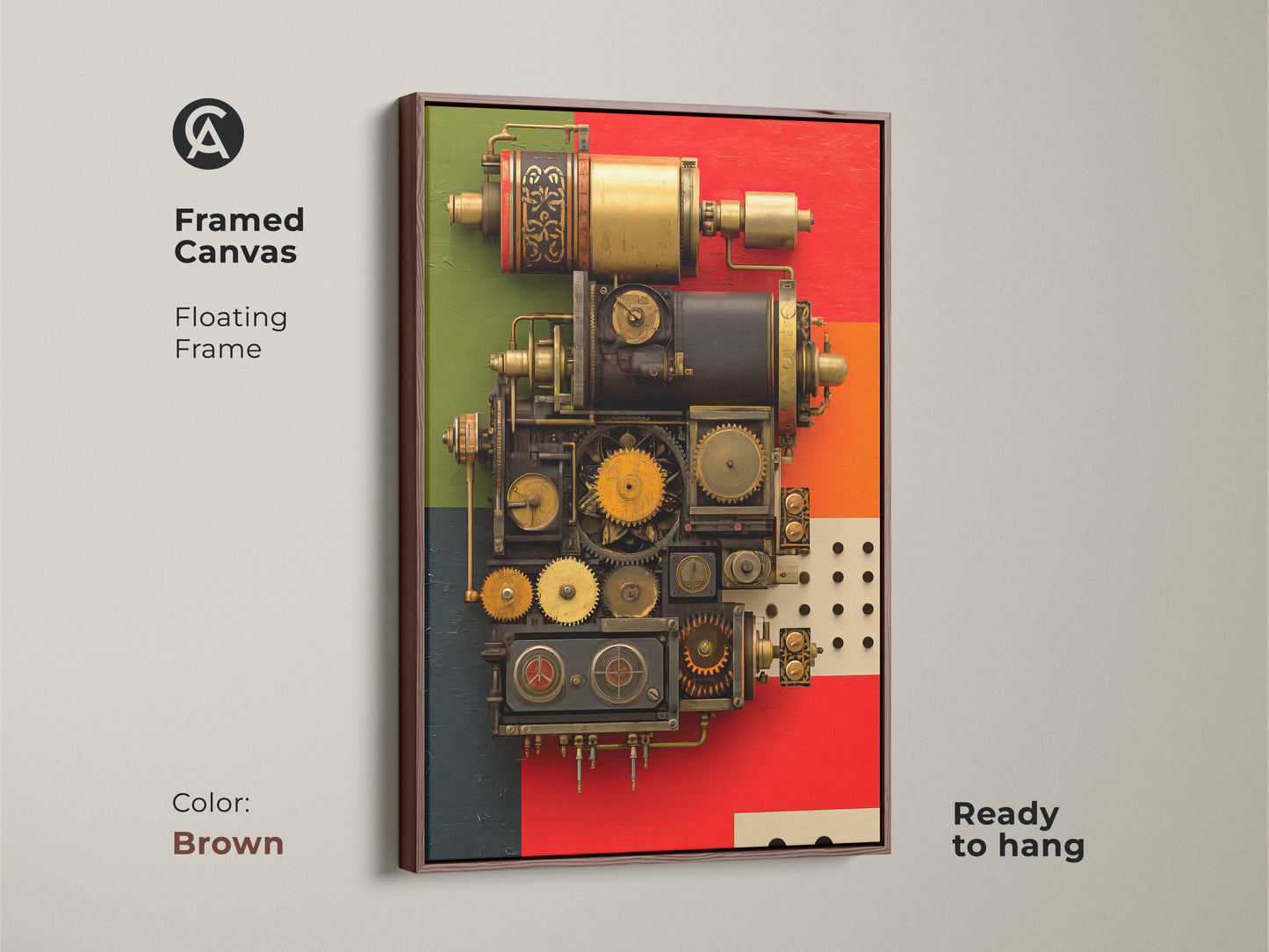 Framed canvas of intricate mechanical gears and clockwork elements in a floating frame. Bold Steampunk and industrial art styles. Brown frame showcases the red gold and orange accents. Ready to hang makes it perfect office wall art or a housewarming gift for engineers.
