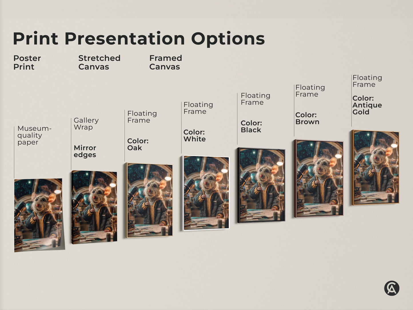 Explore print presentation options with the mouse astronaut artwork. Choose from poster prints stretched canvas and framed canvas. Each style highlights the whimsical animal decor and space exploration theme. Perfect for adding eclectic charm to any room. Museum-quality paper and mirrored edges.