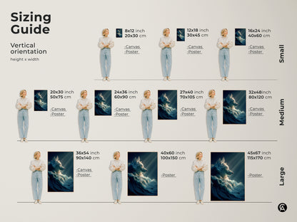 A sizing guide for vertical surreal ice wolf art. It showcases canvas and poster options in various sizes. The artwork is perfect for different room sizes. It makes a great gift for animal art lovers.