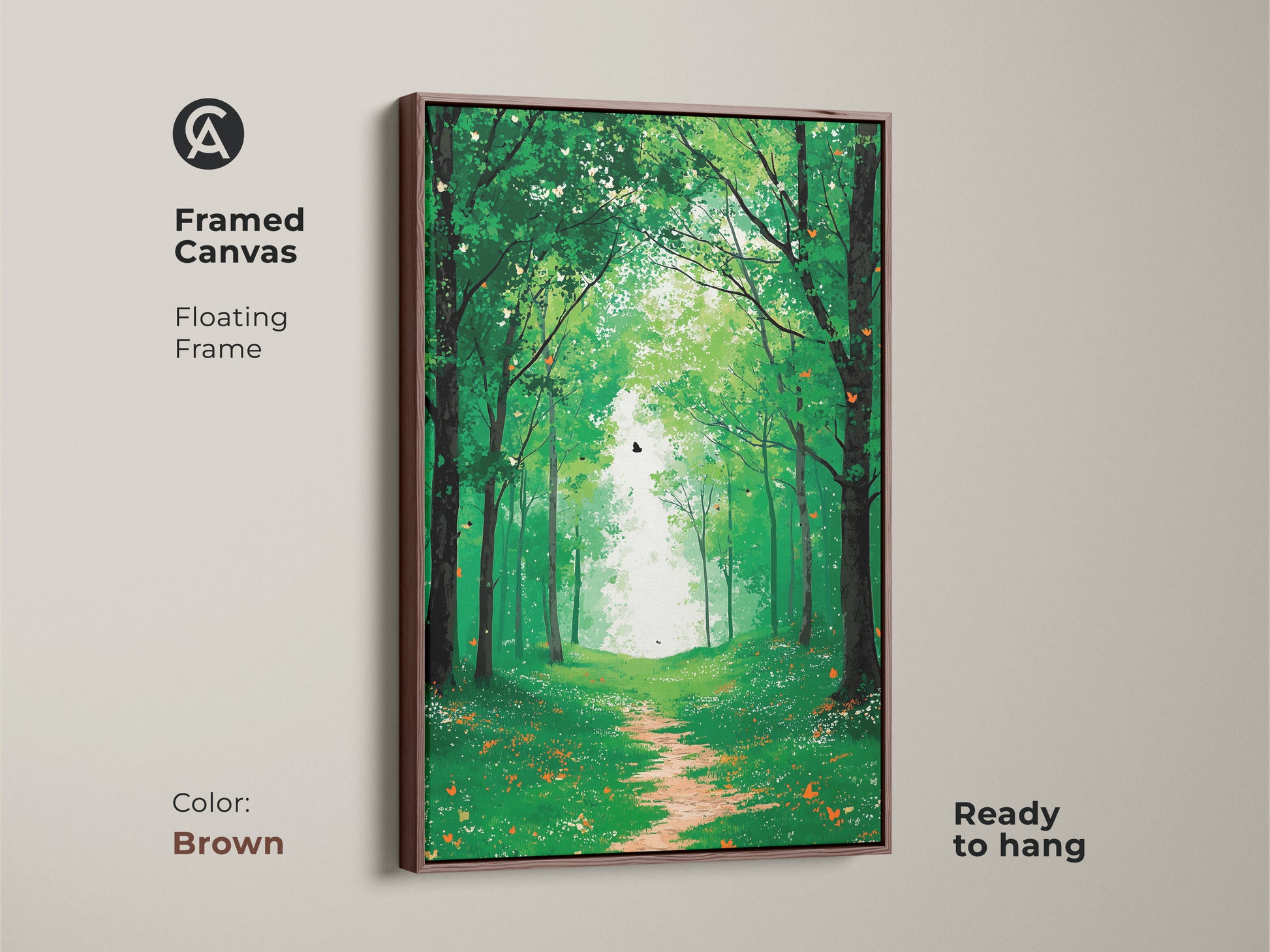 Framed canvas in brown showcasing the emerald green forest path artwork. Ready to hang this boho butterfly woodland wall decor brings a peaceful nature landscape indoors for wall art.