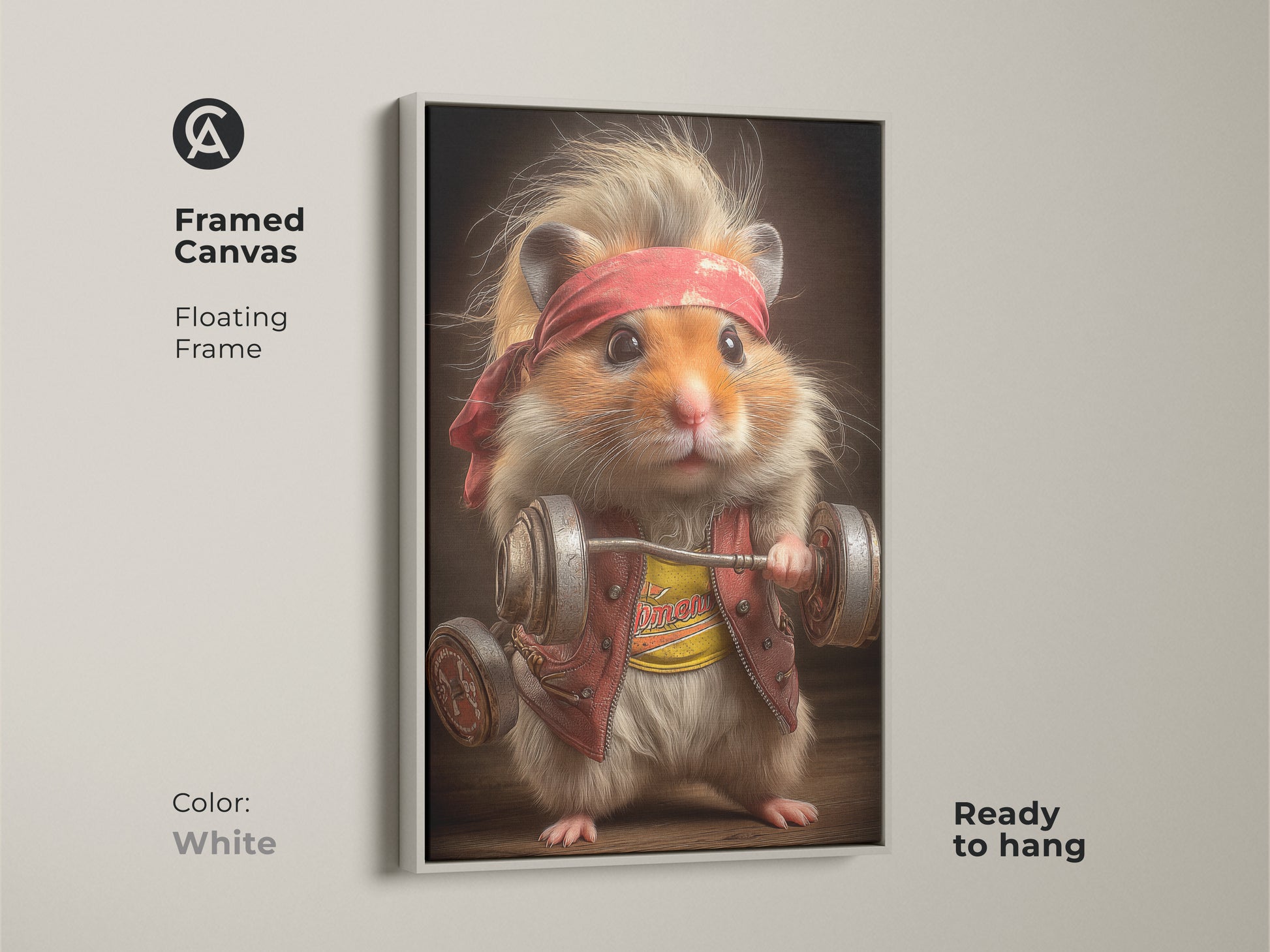 Framed canvas art showcasing a weightlifting hamster. The floating frame is in white color and is ready to hang. This cute animal gym decor is the perfect addition to your wall. It is ideal as a birthday gift for gym goers and will be a great conversation piece.