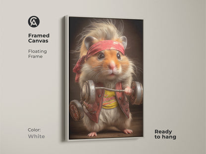Framed canvas art showcasing a weightlifting hamster. The floating frame is in white color and is ready to hang. This cute animal gym decor is the perfect addition to your wall. It is ideal as a birthday gift for gym goers and will be a great conversation piece.