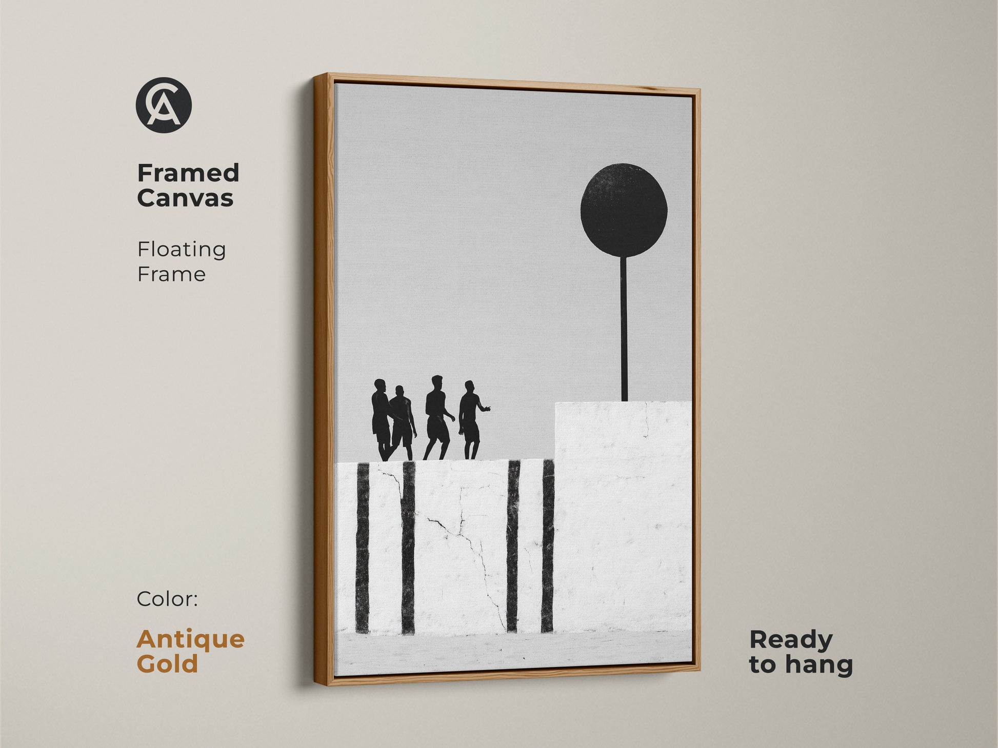 Modern abstract artwork with an antique gold floating frame. The framed canvas showcases monochrome figures with a black sphere on a pole. It's ready to hang adding a minimalist modern touch. The surreal art would be a great gift.