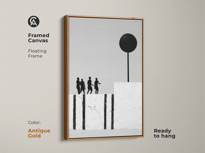 Modern abstract artwork with an antique gold floating frame. The framed canvas showcases monochrome figures with a black sphere on a pole. It's ready to hang adding a minimalist modern touch. The surreal art would be a great gift.