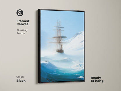 A framed canvas displays a tall ship in an iceberg sea. This deep blue nautical art is ready to hang with a floating frame in black. Ideal for nautical wall art it enhances study room decor art. This sailing adventure art offers maritime history appeal perfect as a maritime gift.