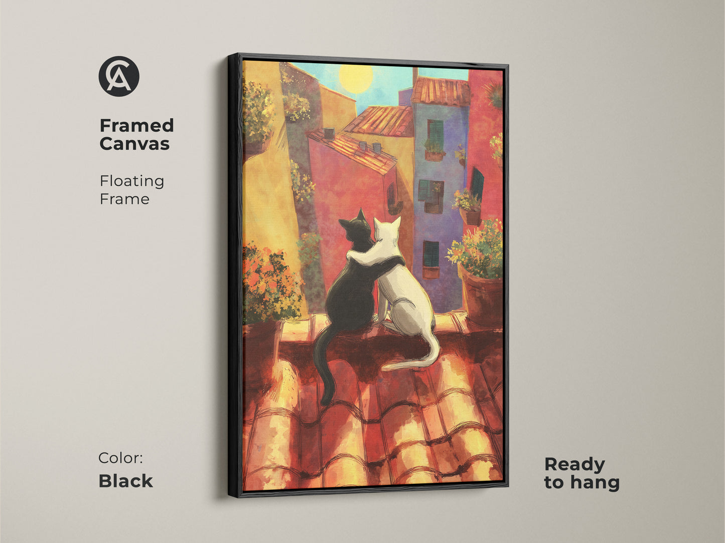 Framed canvas of a cat couple in love. Black floating frame enhances the orange cityscape. This romantic animal art is ready to hang. Perfect for adding a touch of boho charm to your home.