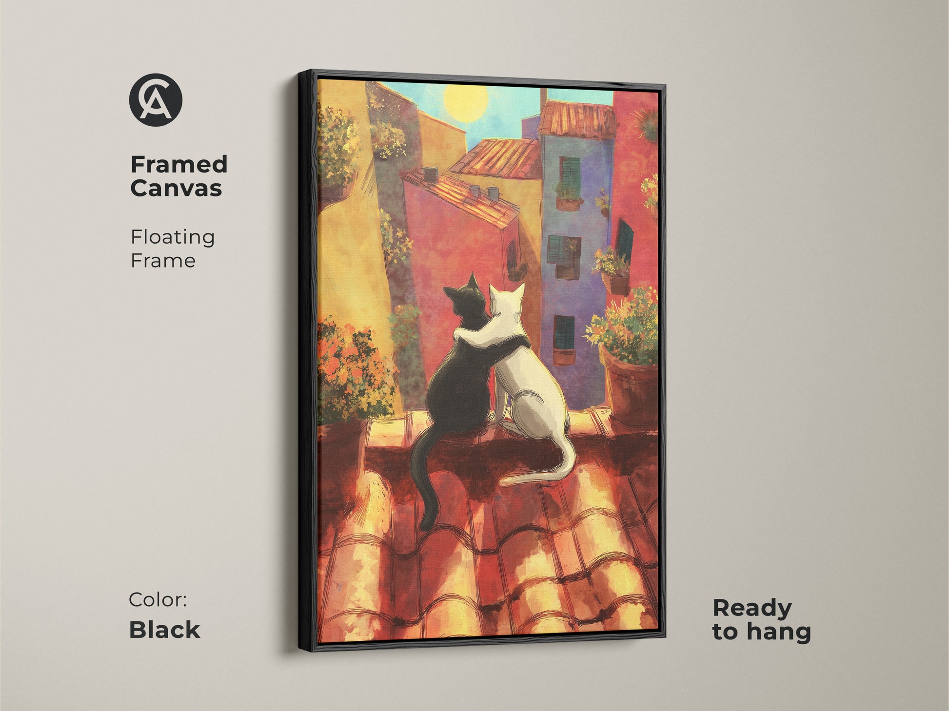 Framed canvas of a cat couple in love. Black floating frame enhances the orange cityscape. This romantic animal art is ready to hang. Perfect for adding a touch of boho charm to your home.