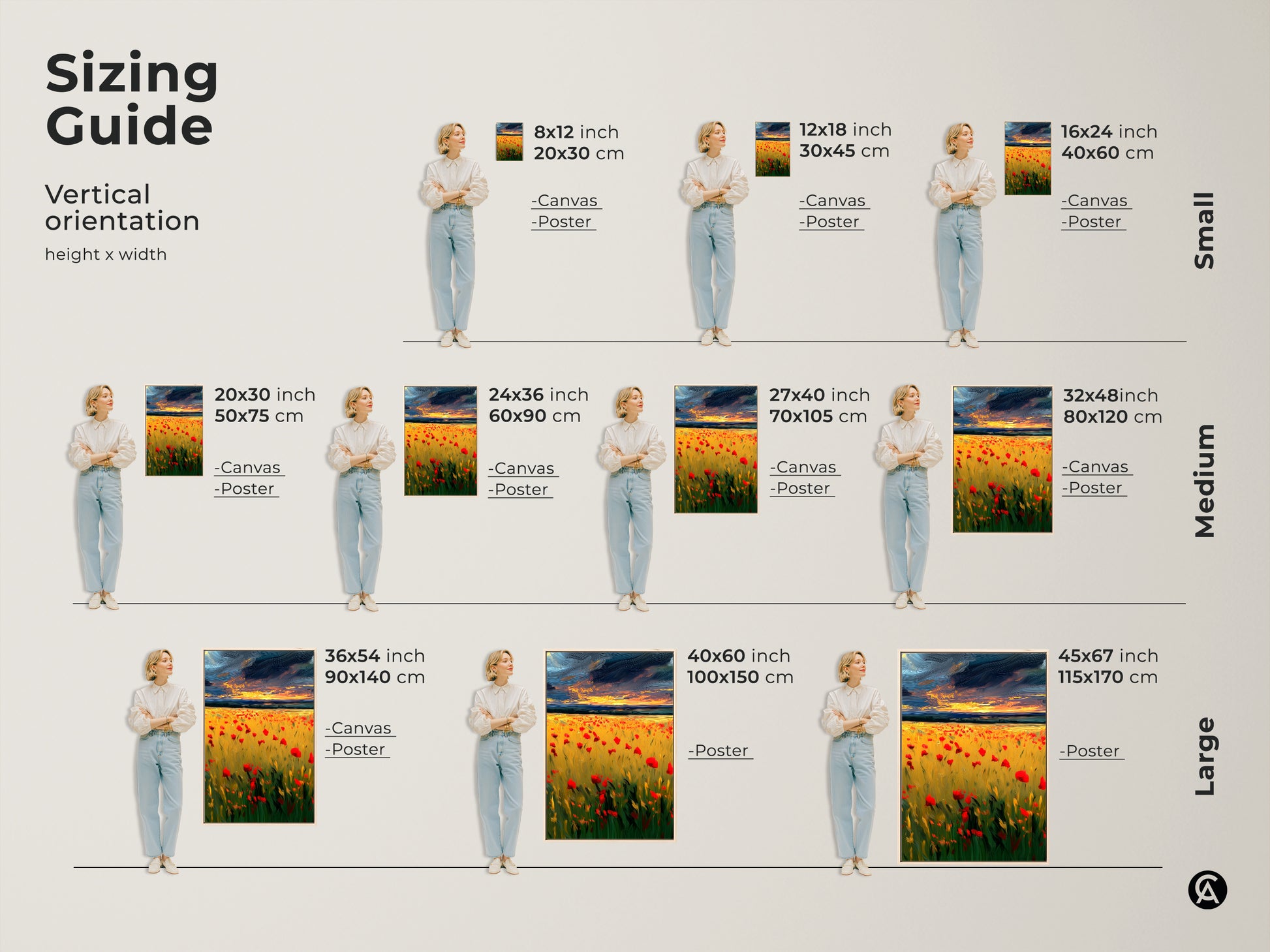 Sizing guide shows vertical orientations of the red poppy field landscape art. See canvas and poster options in small medium and large sizes. Perfect for visualizing art in your space.