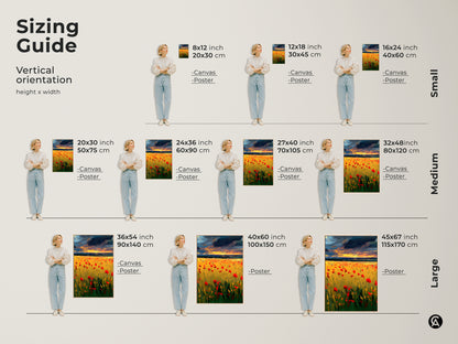 Sizing guide shows vertical orientations of the red poppy field landscape art. See canvas and poster options in small medium and large sizes. Perfect for visualizing art in your space.