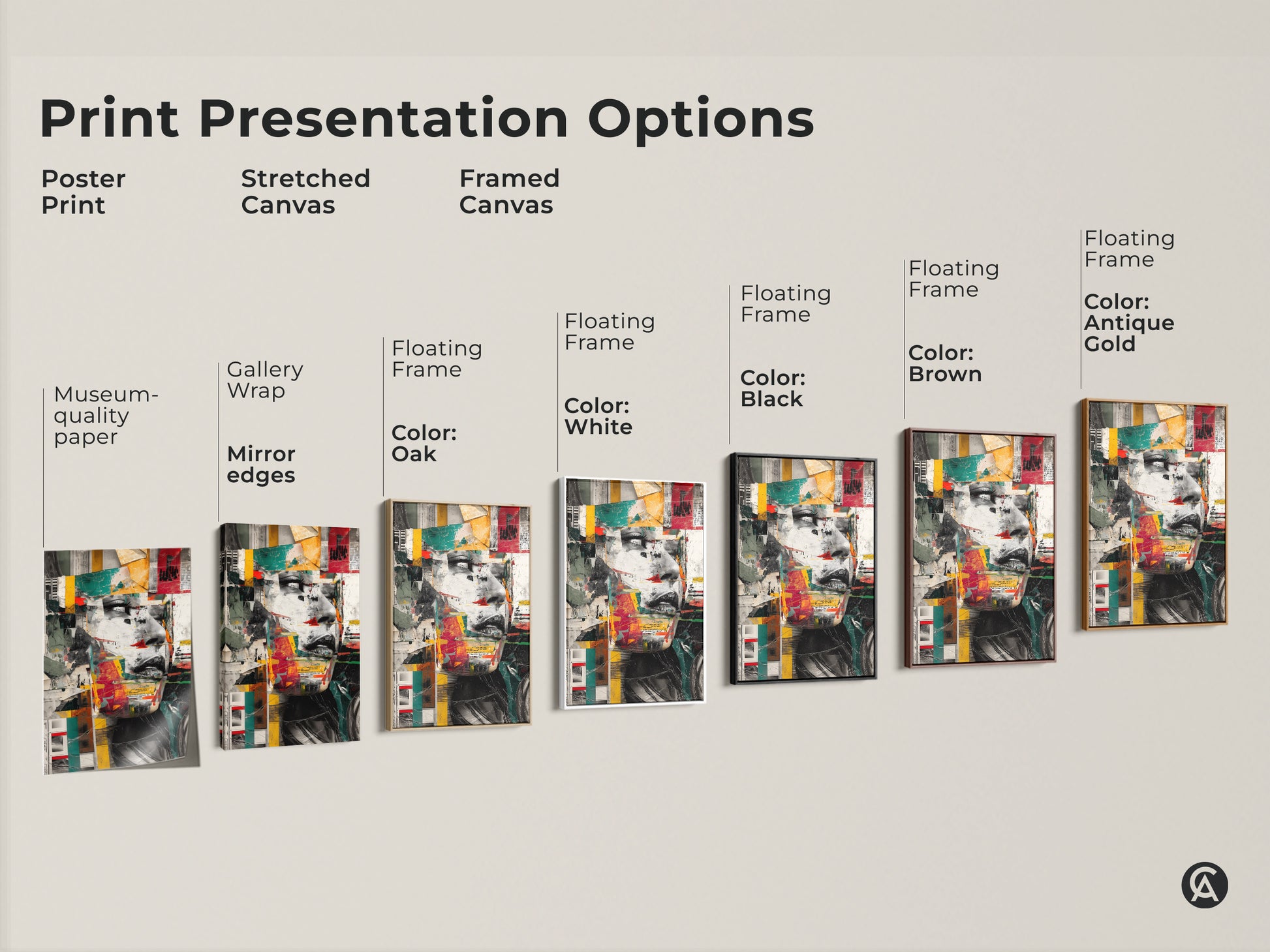 Print presentation options showcasing abstract woman face collage art. Poster print stretched canvas and framed canvas options. Floating frames in white oak black brown and antique gold. Choose the perfect modern mixed media print for your bedroom or home office. Find unique portrait artwork that suits your style.