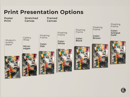 Print presentation options showcasing abstract woman face collage art. Poster print stretched canvas and framed canvas options. Floating frames in white oak black brown and antique gold. Choose the perfect modern mixed media print for your bedroom or home office. Find unique portrait artwork that suits your style.