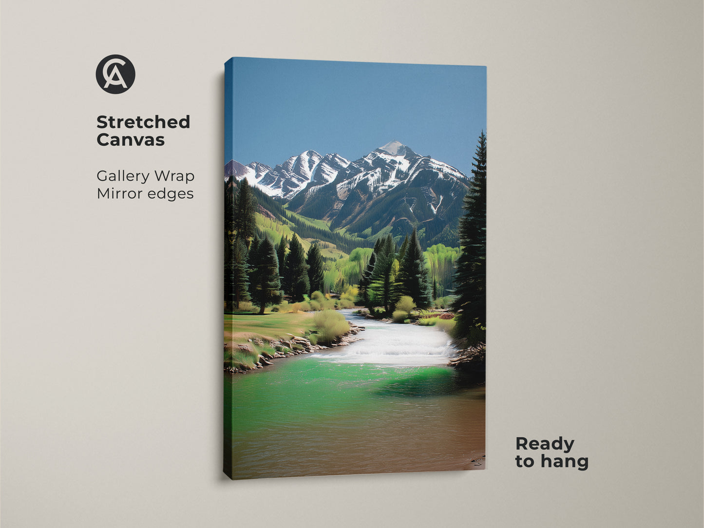 Stretched canvas art featuring a mountain river landscape. This gallery-wrapped print has mirror edges and is ready to hang. The scenic artwork captures snowy peaks and lush pine trees. Perfect rustic home decor.