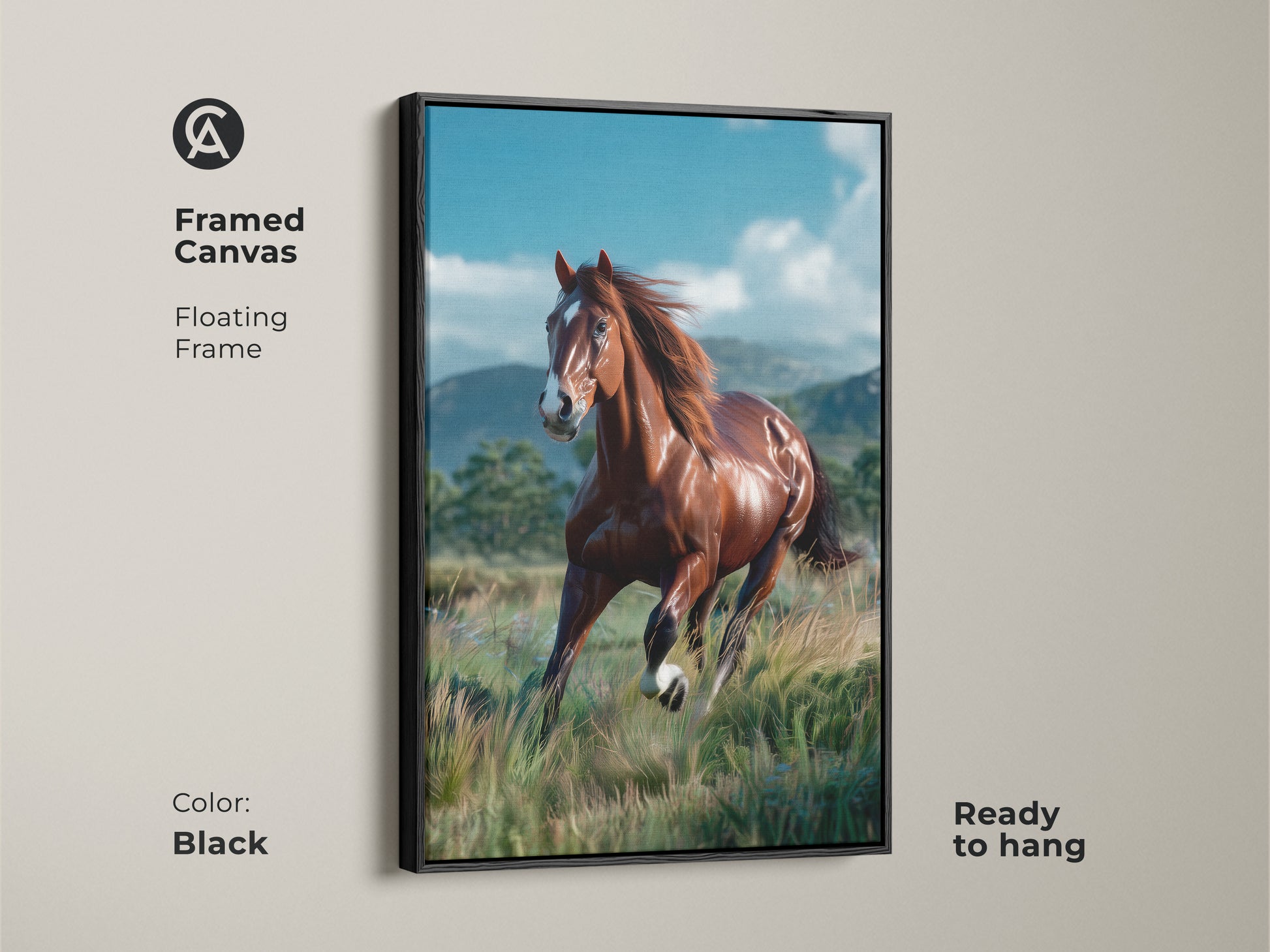 Framed canvas featuring a horse in motion. The black floating frame enhances the artwork. It's ready to hang and adds sophistication to any space. This horse art is perfect for equine art collectors. Bring the beauty of horses into your home.