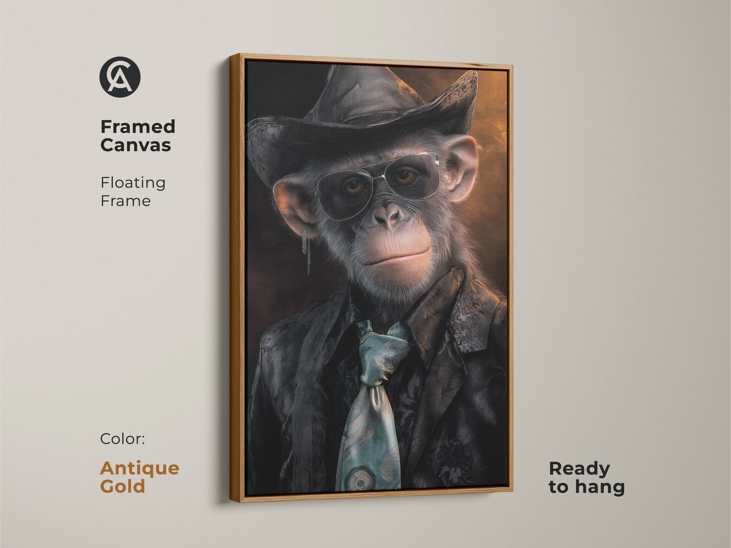 Framed canvas of a home office chimpanzee decor with floating frame in antique gold. This chimpanzee dressed as cowboy print is ready to hang. The stylish monkey with hat art adds character to office spaces. It's a conversation starter wall art.