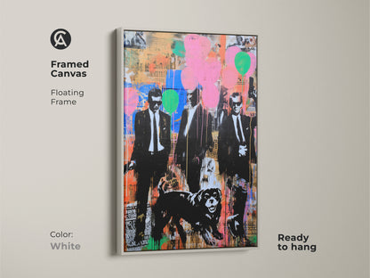 White Framed Canvas of Graffiti Men Suits Dog Artwork. A clean white floating frame highlights the colorful urban pop art. Perfect for a modern office or eclectic home. This canvas print is ready to hang. It brings a unique urban aesthetic to your wall decor.