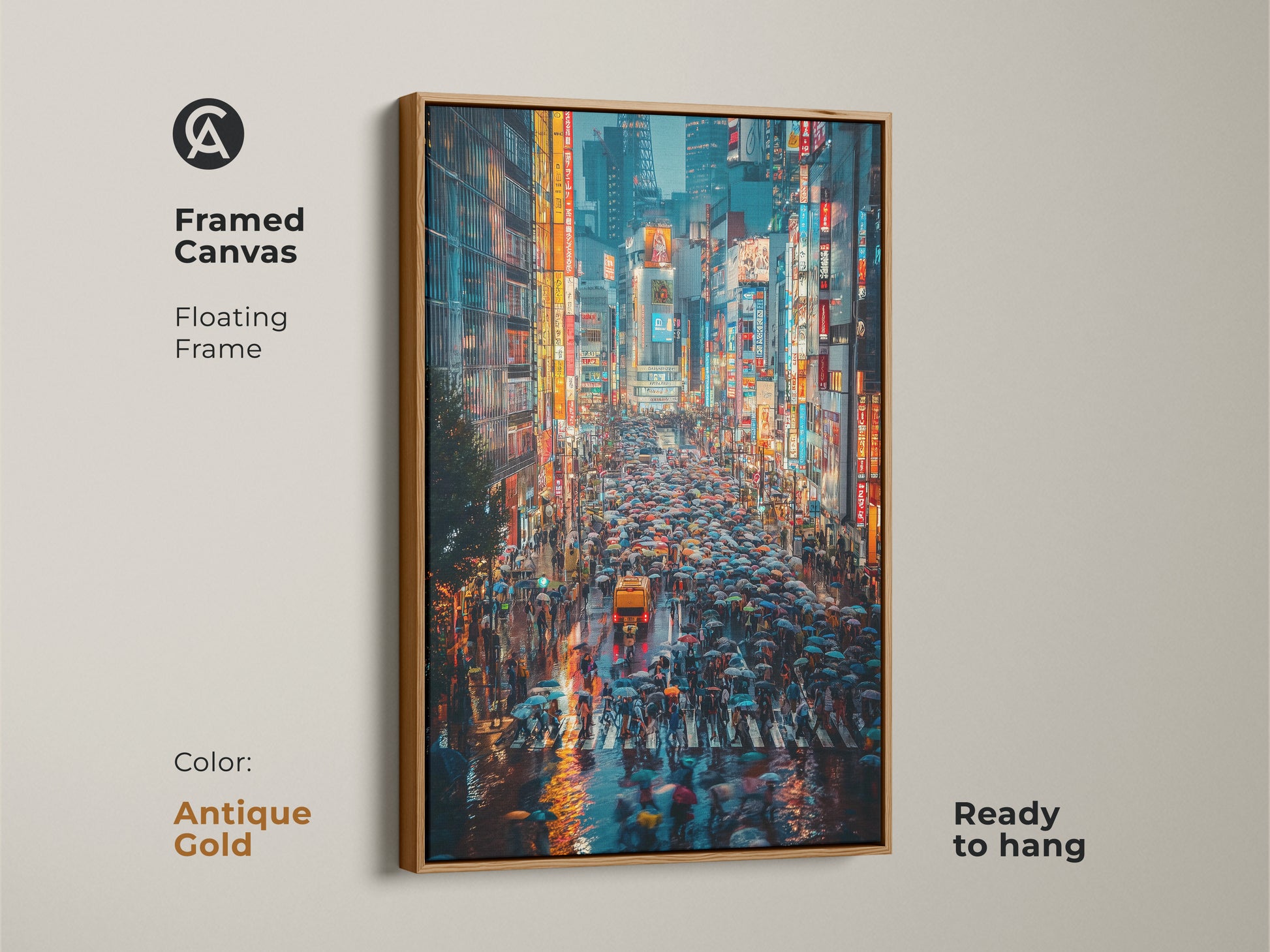 This framed canvas features an antique gold floating frame around a Tokyo cityscape. The urban night art captures a rainy crosswalk scene with vibrant neon signs. This framed art is ready to hang.