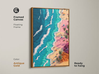 Framed canvas art with an antique gold floating frame. This tropical beach art is ready to hang. The artwork features blue ocean pink sand and palm trees for a coastal vibe.