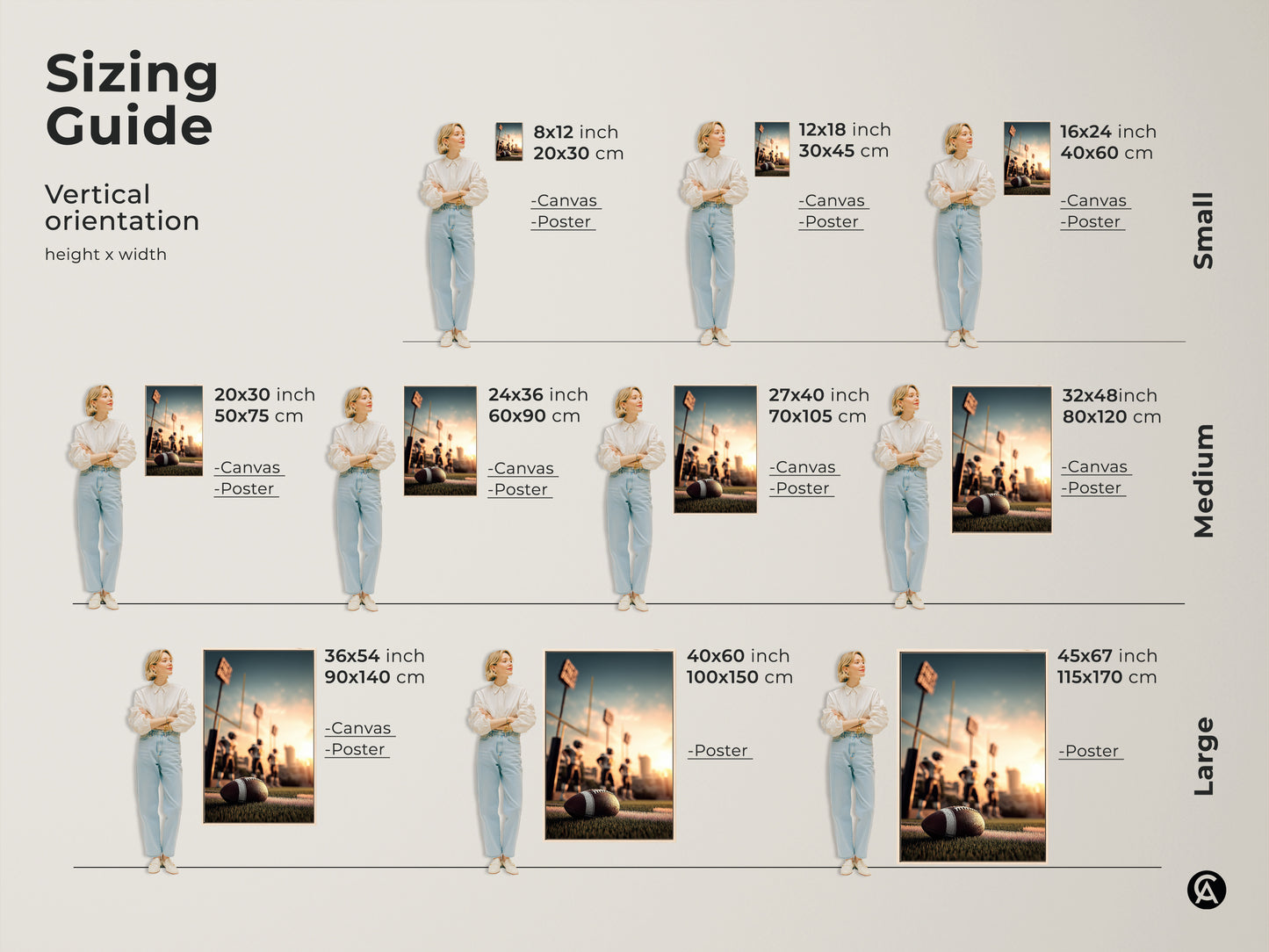 Sizing guide for American Football Canvas Prints. Vertical orientation in various sizes. Options include canvas and poster prints. Find the perfect size for your man cave sports bar or office. Ideal wall art for football fans and sports enthusiasts. Enhance your space with this golden hour field art.