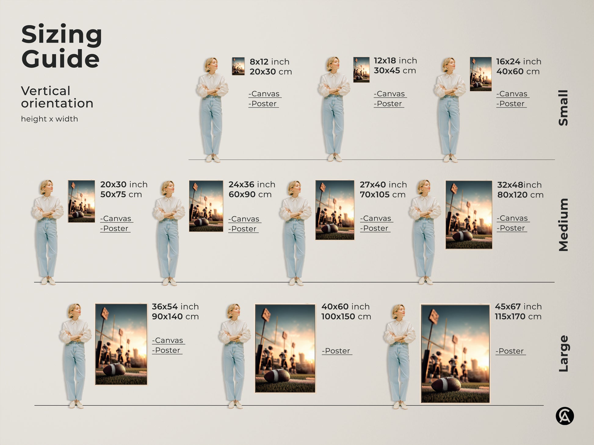 Sizing guide for American Football Canvas Prints. Vertical orientation in various sizes. Options include canvas and poster prints. Find the perfect size for your man cave sports bar or office. Ideal wall art for football fans and sports enthusiasts. Enhance your space with this golden hour field art.