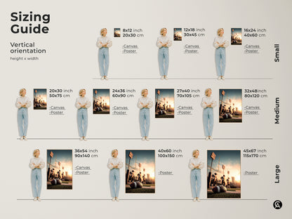 Sizing guide for American Football Canvas Prints. Vertical orientation in various sizes. Options include canvas and poster prints. Find the perfect size for your man cave sports bar or office. Ideal wall art for football fans and sports enthusiasts. Enhance your space with this golden hour field art.