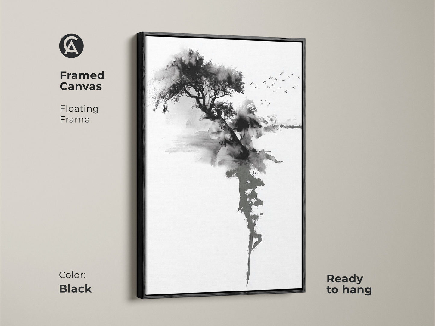 Framed canvas showcasing Ink Wash Tree artwork. Floating frame enhances the minimalist aesthetic. Black and white sumi-e print adds peaceful nature to your living space. Ready to hang abstract tree art.