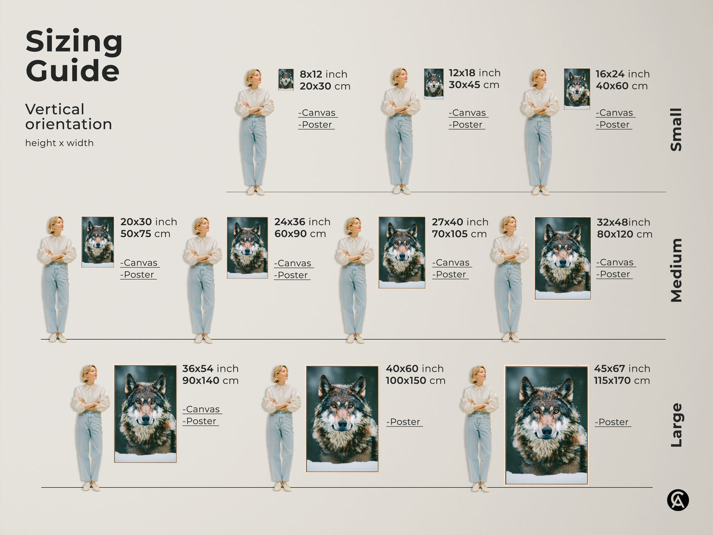 Sizing guide featuring the photorealistic wolf canvas. See the art in various vertical orientations. Options available for canvas and poster prints. Find the perfect size for your space. Add wildlife animal art to your home. The snowy forest wolf print is stunning.